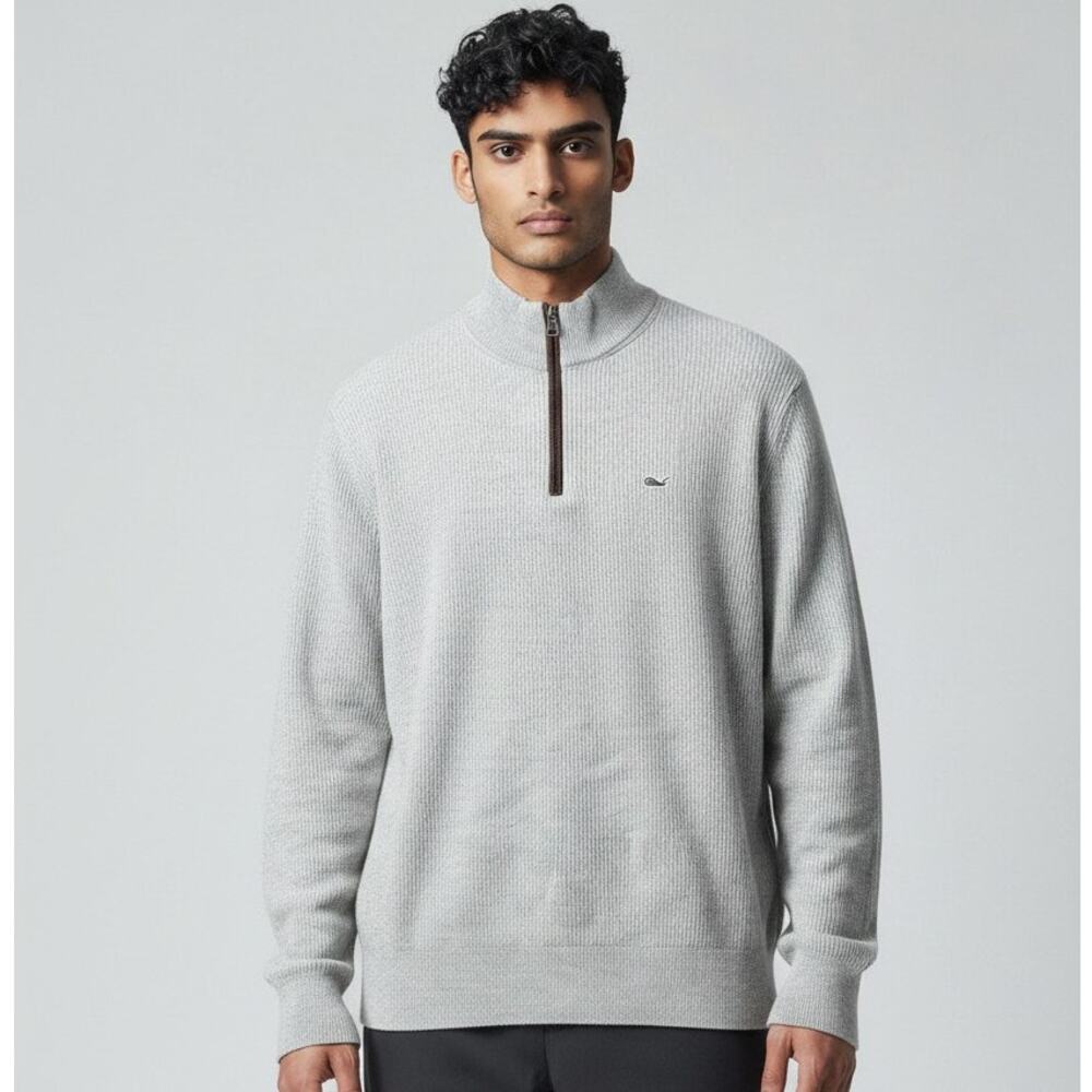 Vineyard Vines Pullover Sweater Mens L Gray Ribbed Knit Quarter-Zip Mock Neck